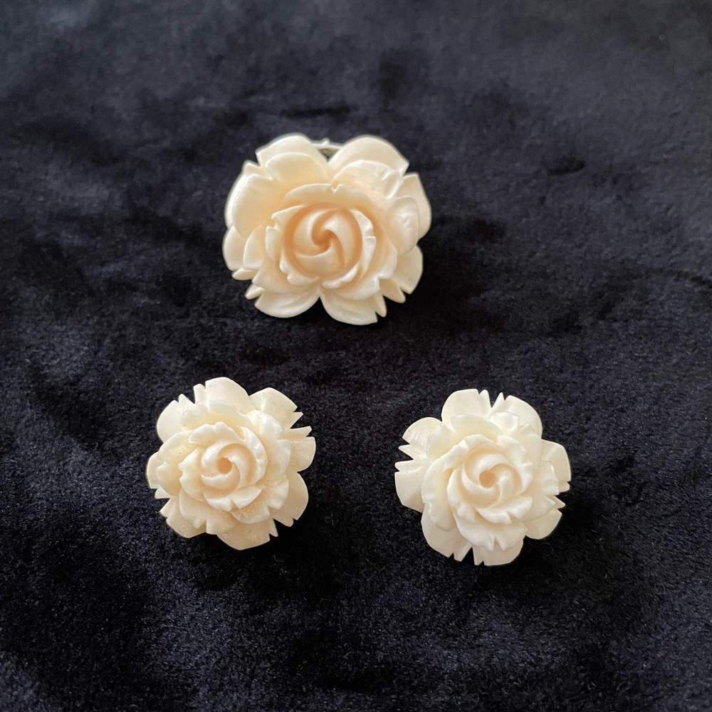 Vintage Carved brooch and matching earrings.  PB